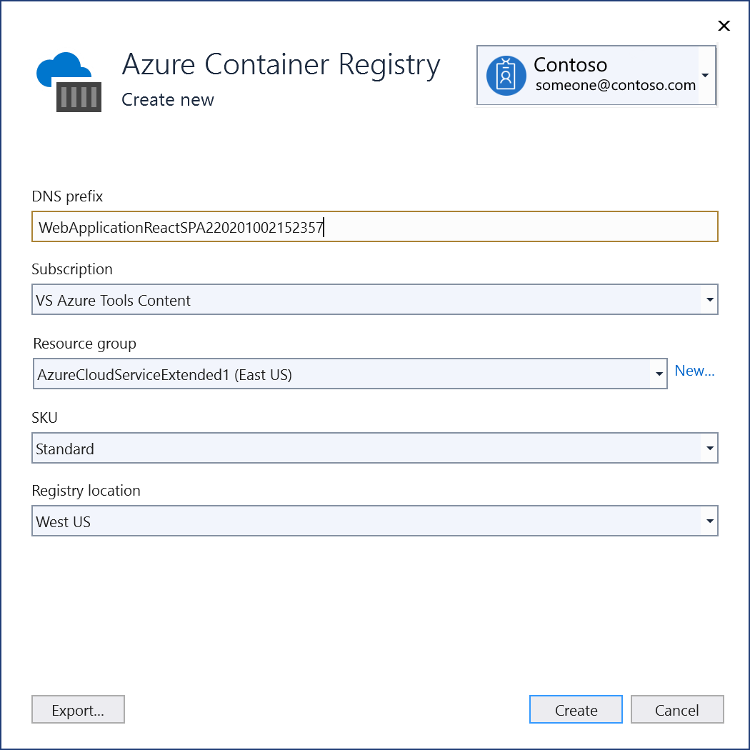 Skärmbild av dialogrutan Skapa Azure Container Registry i Visual Studio.