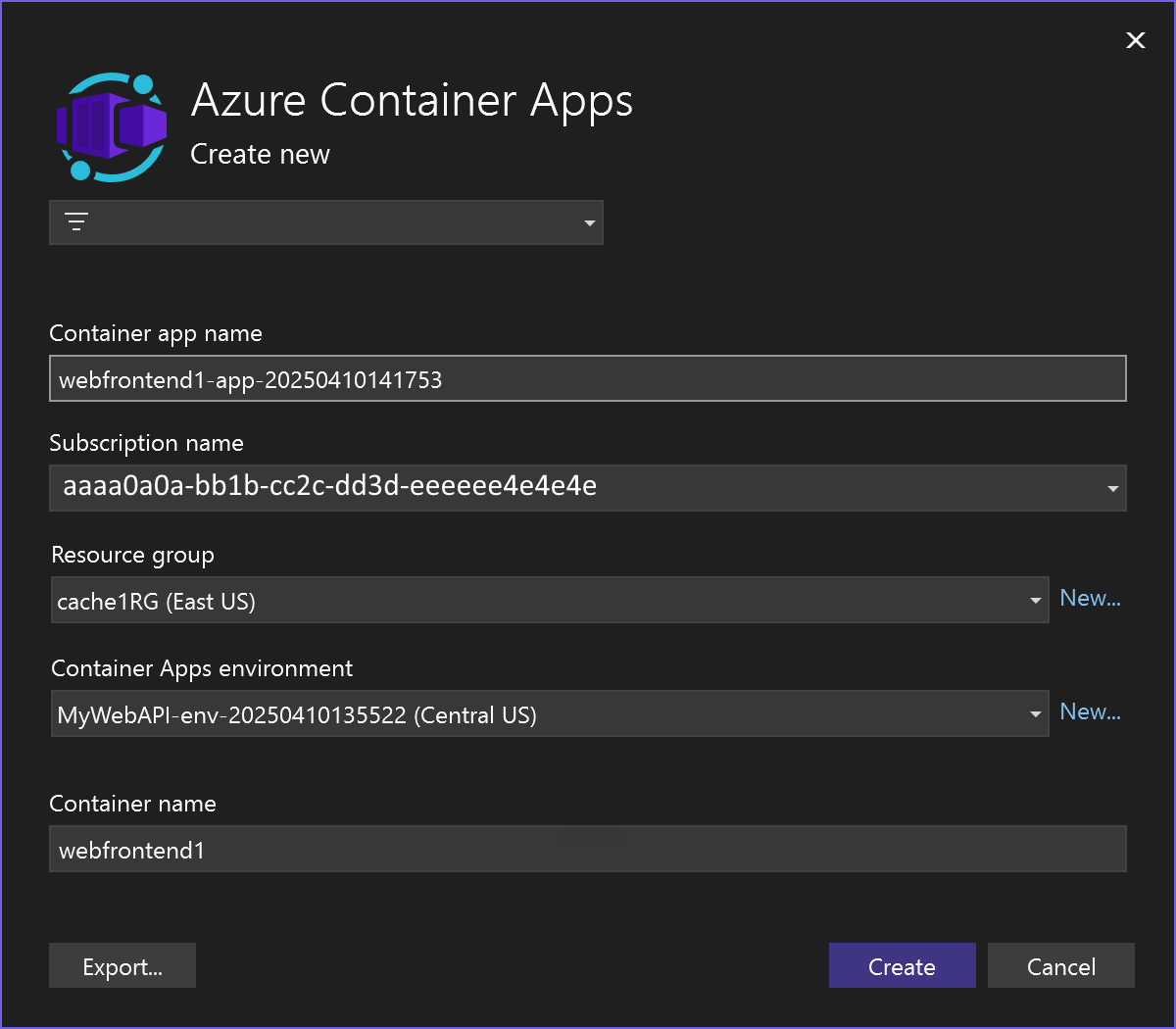 Skärmbild som visar skärmen i publiceringsprocessen där du anger en befintlig container eller skapar en ny för Webfrontend.