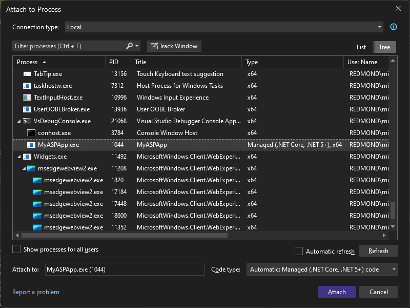 Screenshot of the Attach to Process dialog box, with the connection target set to the local machine name.