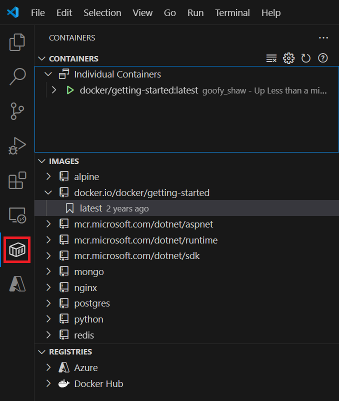 Skärmbild som visar Container Tools-extensionen med Docker-tutorialen getting-started körande.