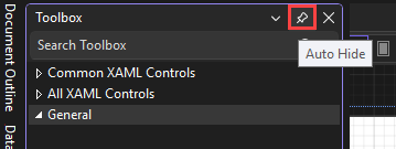 Skärmbild som visar knappnålsikonen markerad i den övre listen i fönstret Verktygslåda.