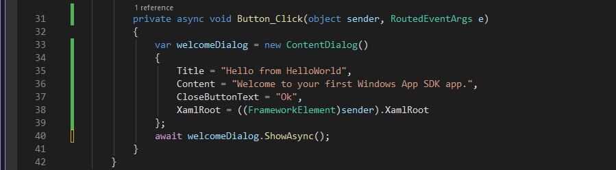 Skärmbild som visar C#-koden för den nya asynkrona myButton_Click händelsehanteraren.