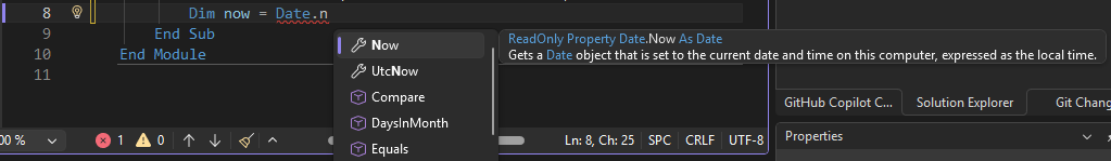 Screenshot som visar IntelliSense-listmedlemmar i Visual Studio.