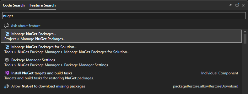 Screenshot som visar sökrutan Snabbstart i Visual Studio.
