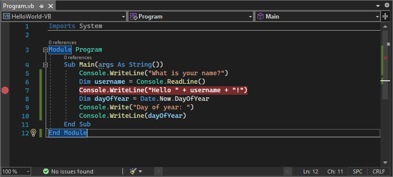 Screenshot som visar en brytpunkt på en kodrad i Visual Studio 2022.