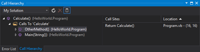 Screenshot som visar fönstret Anropsträdet i Visual Studio 2022.