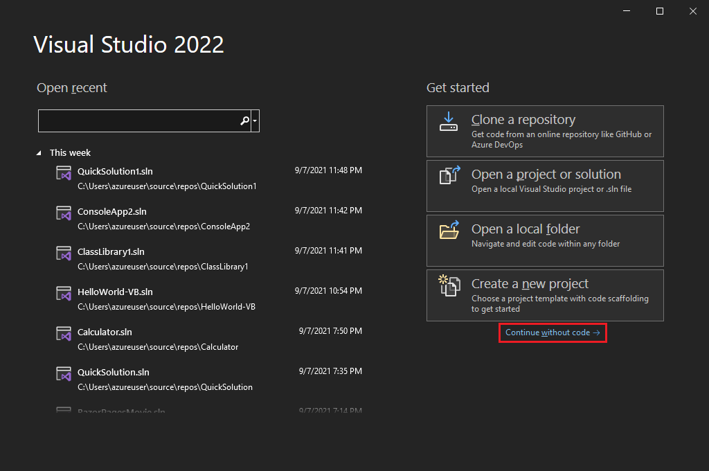 Screenshot på Visual Studio Start-skärmen med länken Fortsätt utan kod markerad.