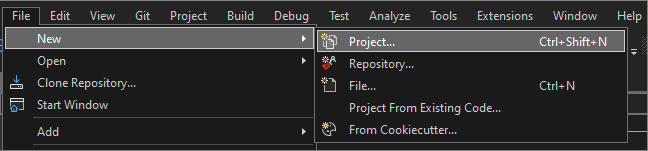 Skärmbild av filen > Ny > Projektval från menyraden Visual Studio 2022.