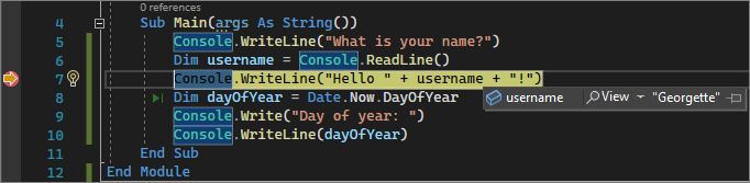 Screenshot som visar ett variabelvärde vid felsökning i Visual Studio 2022.