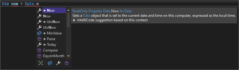 Screenshot som visar IntelliSense-listmedlemmar i Visual Studio 2022.