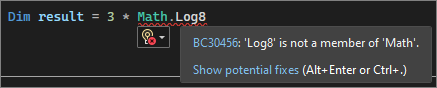 Skärmbild av en squiggle-understrykning i Visual Studio 2022.