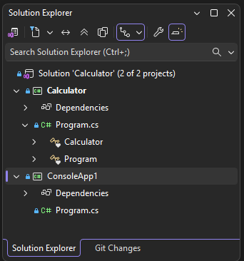 Skärmbild av två projekt i Visual Studio Solution Explorer.