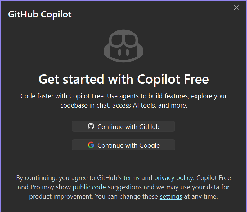 Skärmbild av dialogrutan Kom igång med Copilot Free i Visual Studio.