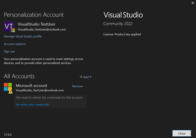 Skärmbild som visar ett konto som behöver autentiseras igen.