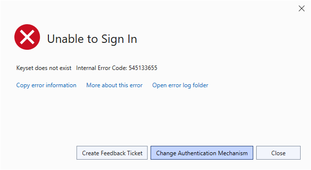Screenshot of a WAM error dialog with the change authentication mechanism option to resolve the error.