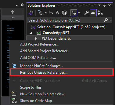 Skärmbild av kommandot Ta bort oanvända referenser.