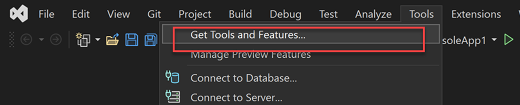 Screenshot showing the Visual Studio 2022 tools menu.