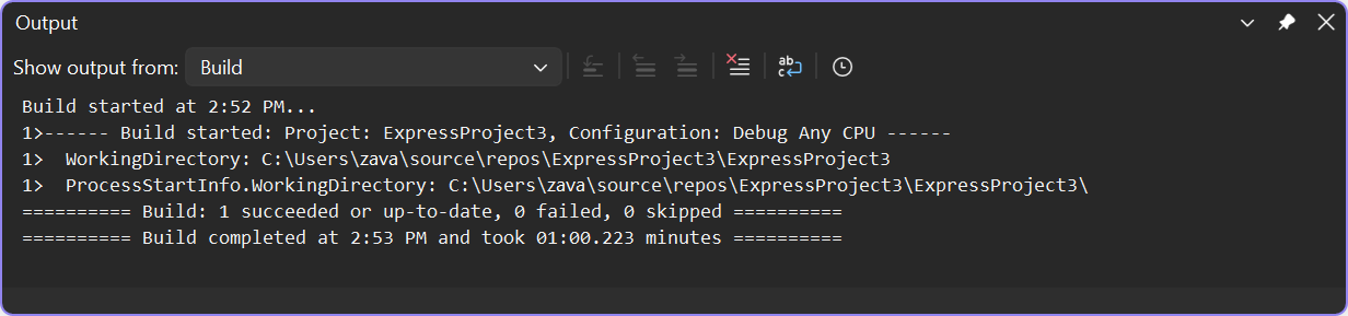 Skärmbild av utdatafönstret i Visual Studio som visar minimala byggutdata.