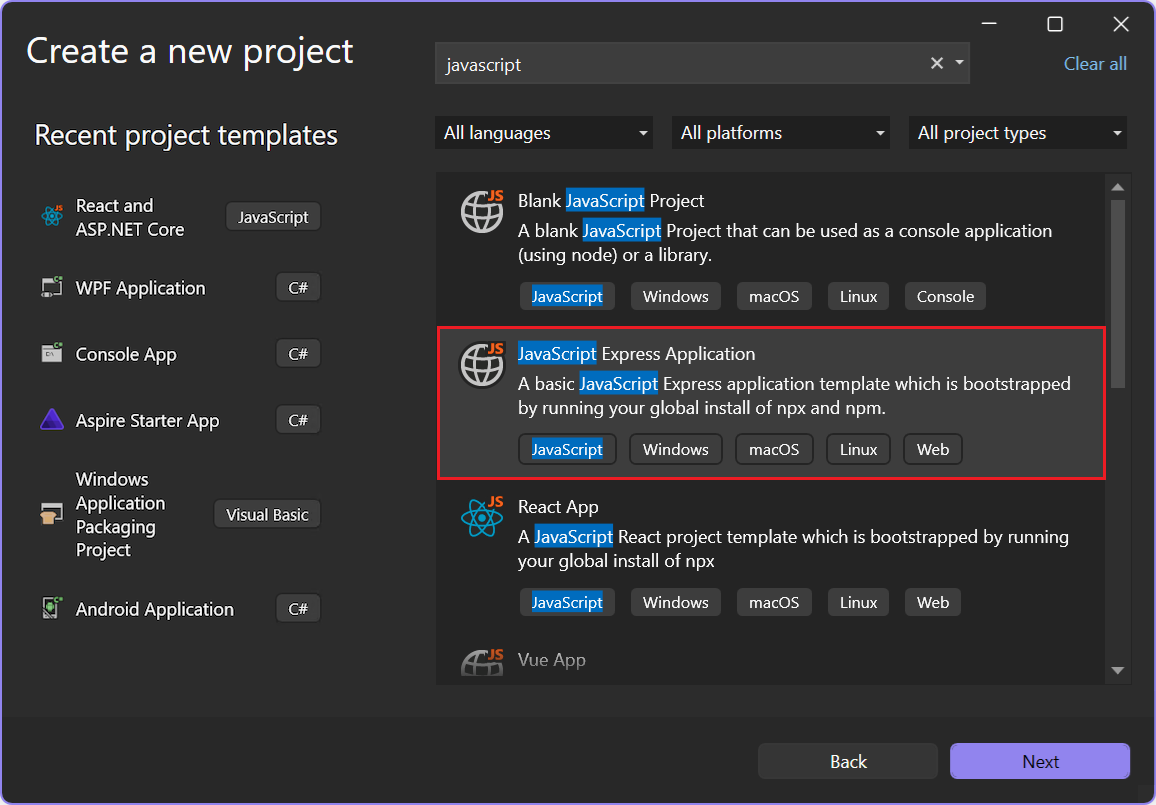 Screenshot som visar hur du använder filtret Sök efter mallar för att hitta JavaScript-mallar i Visual Studio Start Window.