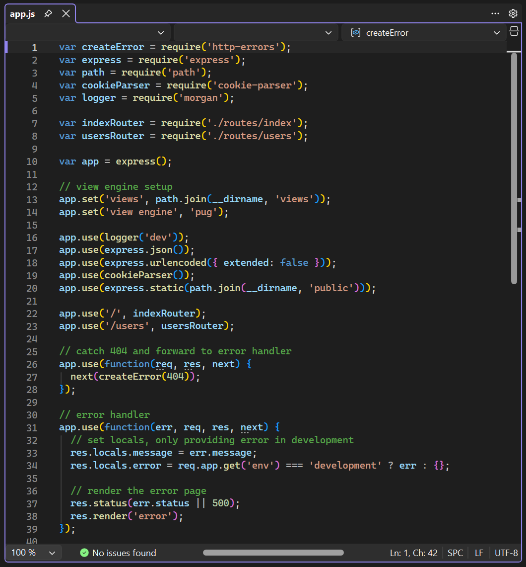 Skärmbild av programfilen som öppnas i redigeraren i Visual Studio.
