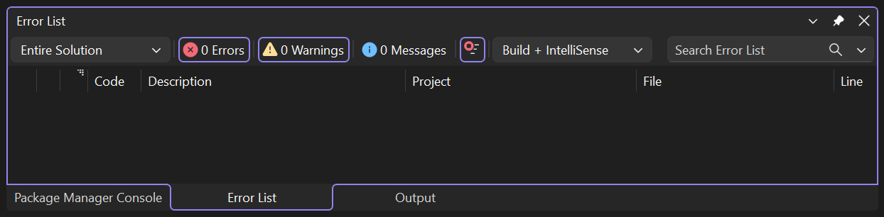 Skärmbild av fellistan i Visual Studio.
