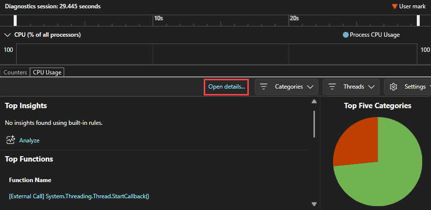 Skärmbild som visar öppen information markerad i Visual Studio.