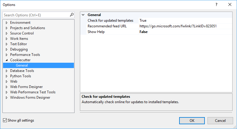 Screenshot that shows the options for Cookiecutter in Visual Studio.
