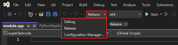 Screenshot that shows how to set the build configuration for the C++ project in Visual Studio.