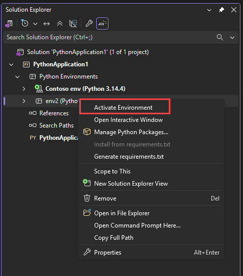 Screenshot som visar hur du aktiverar en projektmiljö i Visual Studio.