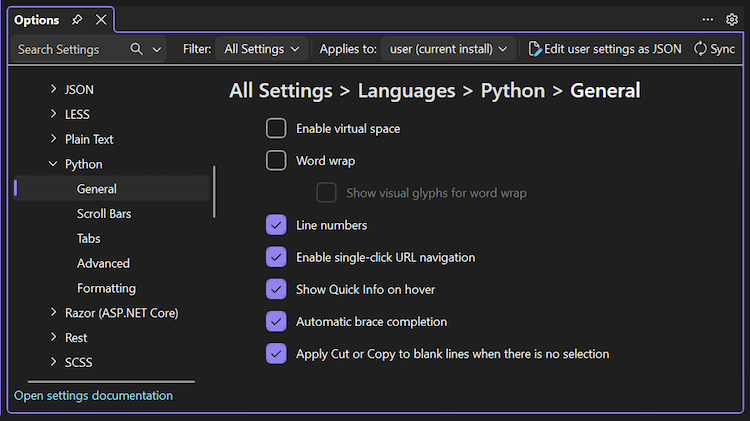 Skärmbild som visar kategorier av språkalternativ för Python och specifika allmänna alternativ i Visual Studio 2026.