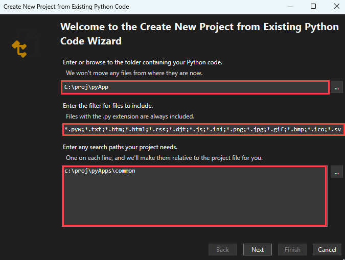 Skärmbild av en ny Project skapas från befintlig kod, inklusive val av mappsökväg, filtypfilter och sökvägar i Visual Studio.