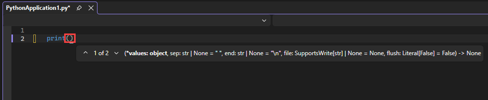 Skärmbild som visar alternativ för automatisk komplettering av IntelliSense för utskriftsfunktionen i redigeraren i Visual Studio.