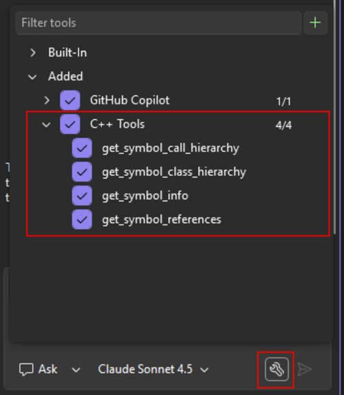 Lista över tillgängliga C++-verktyg i Copilot Chat inställningar