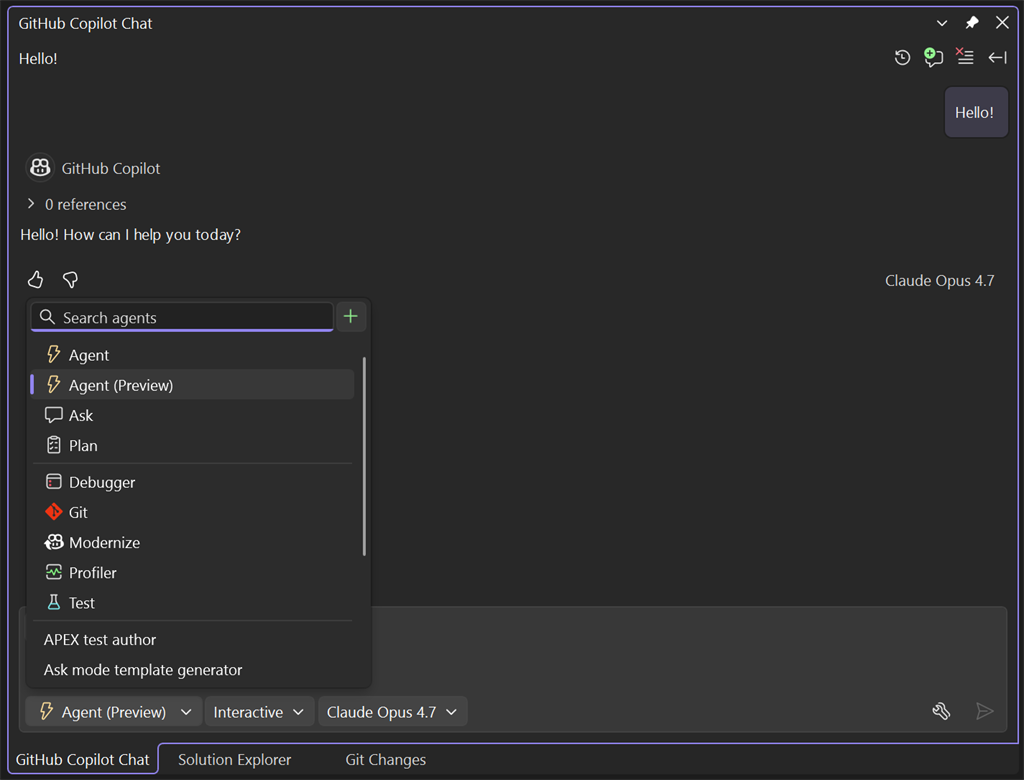 Den agentväljaren i Copilot Chat med Agent (förhandsversion) valt under Agent