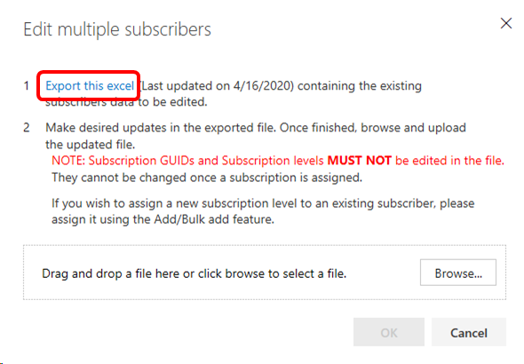 Screenshot of the Edit multiple subscribers dialog. The Export this excel link is highlighted. Editing a License - Export Bulk Edits List