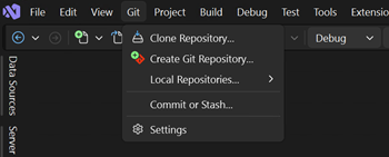 Skärmbild av alternativet Skapa Git-lagringsplats från Git-menyn i Visual Studio.