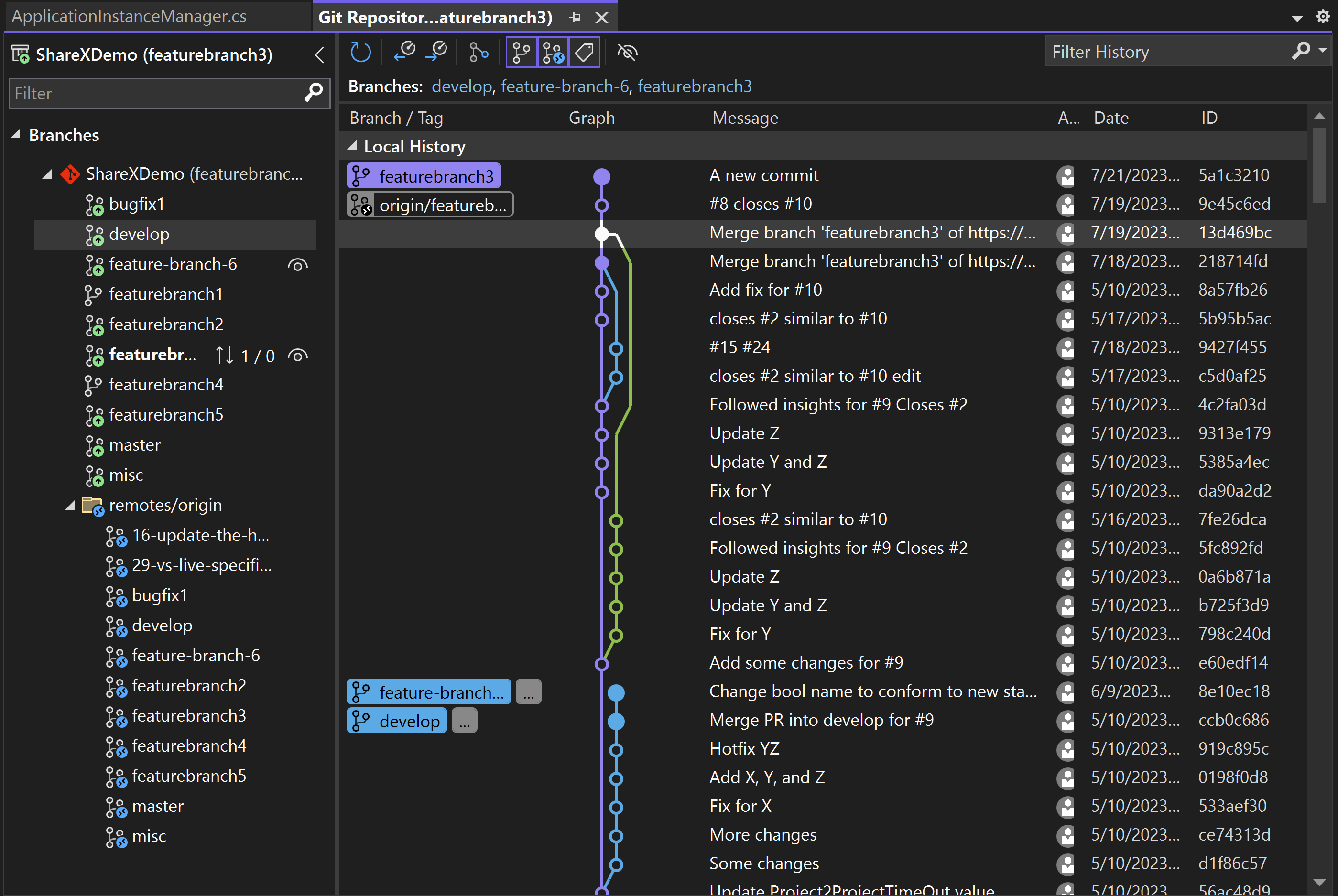 Screenshot of the multi-graph branch view in Visual Studio.