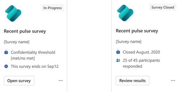 Screenshot showing the In-Progress and Survey Closed statuses for the Recent Pulse action card.
