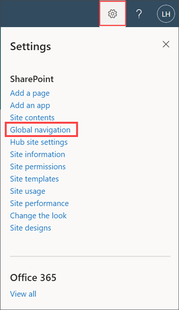 Screenshot of the global navigation option in the settings panel.