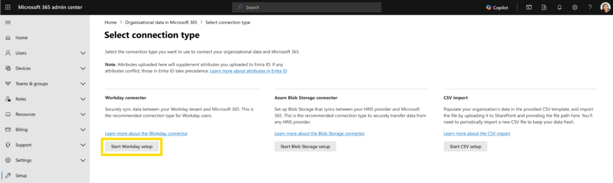 Screenshot of the page to start the Workday connection.