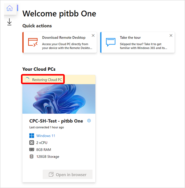 Skärmbild av återställningsstatus för slutanvändare