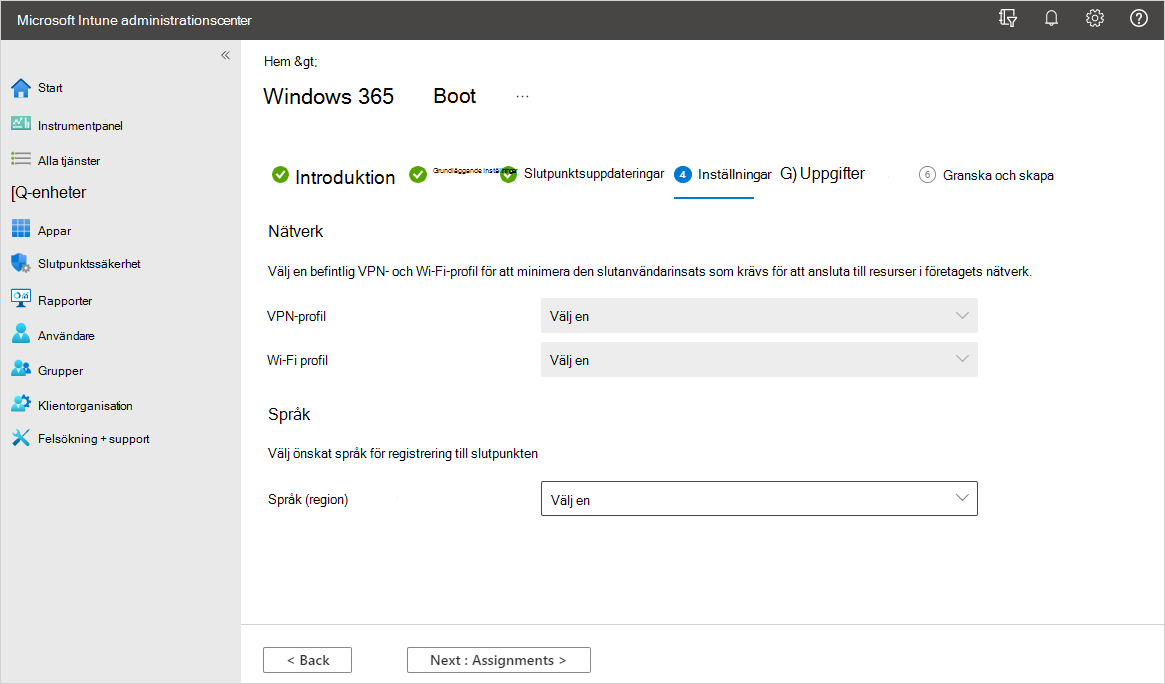 Skärmbild av Windows 365 fliken Inställningar för det guidade startscenariot.