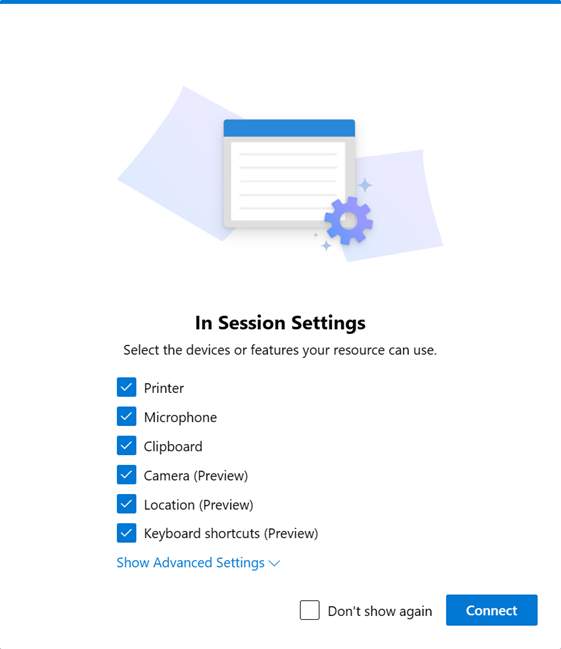 En skärmbild som visar dialogrutan i sessionsinställningar för Windows App i en webbläsare med Azure Virtual Desktop.