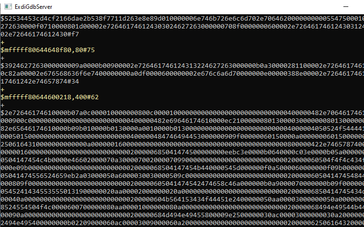 ExdiGdbServer textfönster som visar långa hexadecimala tal.
