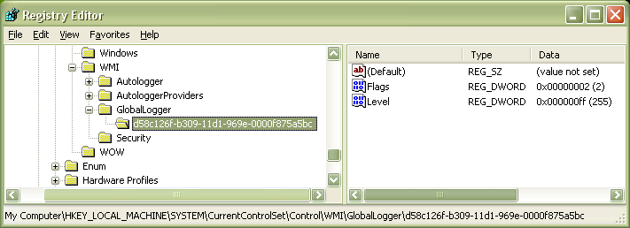 Screenshot of a trace provider's subkey that logs to the Global Logger trace session on Windows XP.