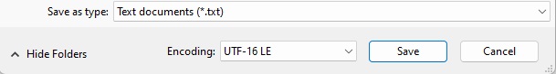 Skärmbild av dialogrutan Spara som med UTF-16 LE-kodning markerad.