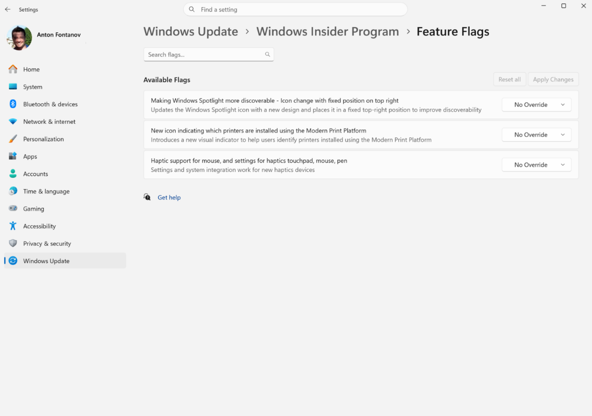 Screenshot of the Feature Flags page in Settings.