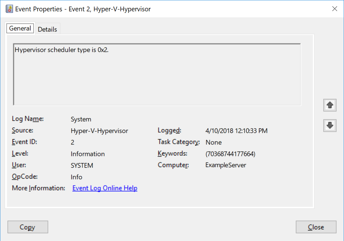 A screenshot of the hypervisor launch event ID 2 properties window. The General tab is selected, showing the hypervisor scheduler type is 0x2.