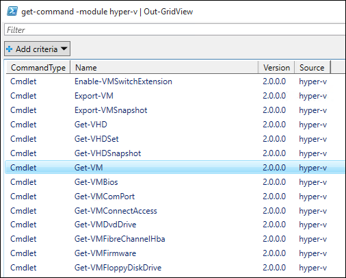 Skärmbild av Out Grid-vyn som visar fälten Kommandotyp, Namn, Version och Källa.