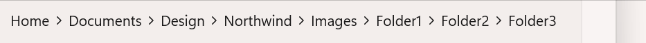 Breadcrumb bar with nodes: Home, Documents, Design, Northwind, Images, Folder1, Folder2, Folder3. The app is resized so that the Breadcrumb crumbles and an ellipsis replaces the leftmost nodes. Then, clicking the ellipsis opens a flyout with the crumbled nodes